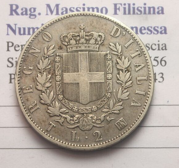 NL* ITALIA VEII 2 LIRE Argento STEMMA 1863 TORINO NC BB/SPL Perizia Filisina M.
