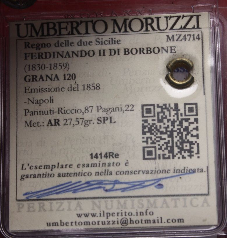 NL* NAPOLI FERDINANDO II Piastra 120 GRANA ARGENTO 1858 SPL Perizia Moruzzi U.