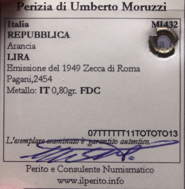 NL* Italia Repubblica 1 LIRA ARANCIA 1949 FDC Perizia Moruzzi Umberto