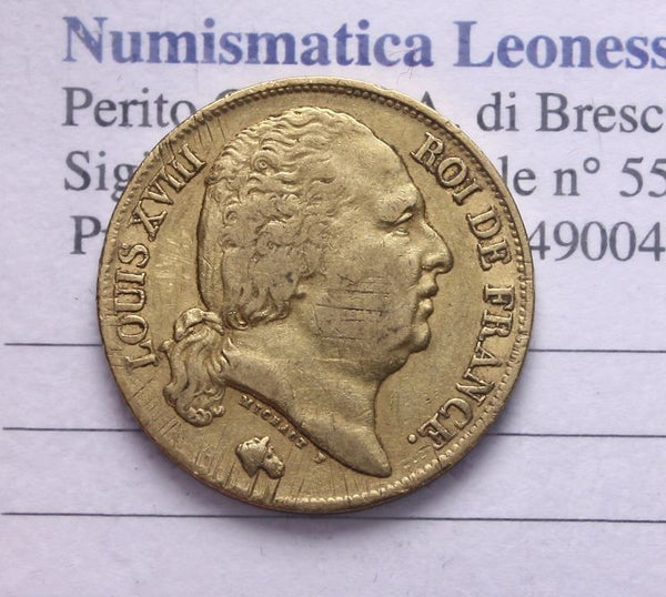 NL* FRANCIA RE LUIGI XVIII MARENGO 20 FRANCHI ORO GOLD 1819 W Zecca di LILLE