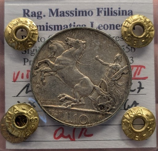 NL* VEIII RE D'ITALIA 10 LIRE Argento BIGA 1927 QSPL ** 2 rosette Filisina
