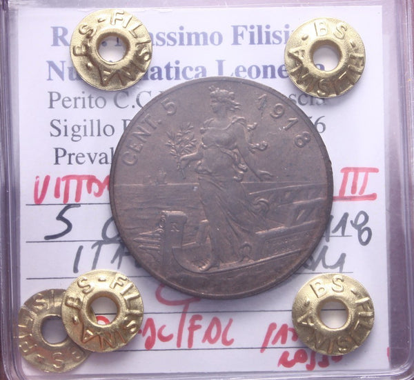 NL*VEIII Italia 5 CENTESIMI PRORA 1918 QFDC/FDC PARZ. ROSSO Perizia Filisina