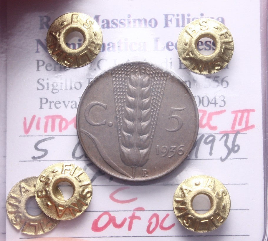 NL*VEIII Italia 5 CENTESIMI SPIGA 1936 QFDC Perizia Filisina Massimo
