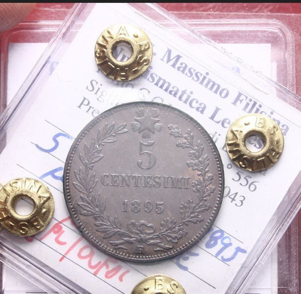 NL* UMBERTO I 5 CENTESIMI RAME 1895 ROMA RARA SPL/QFDC C Perizia Filisina M