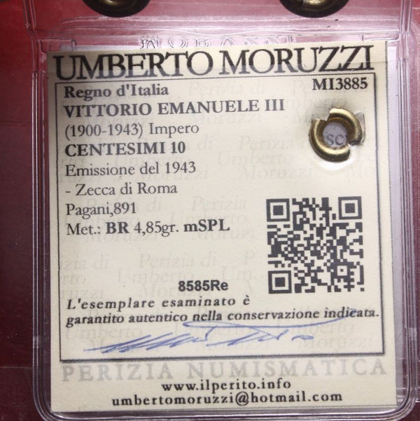 NL* VEIII ITALIA 10 CENTESIMI IMPERO 1943 XXI M.SPL Perizia MORUZZI UMBERTO