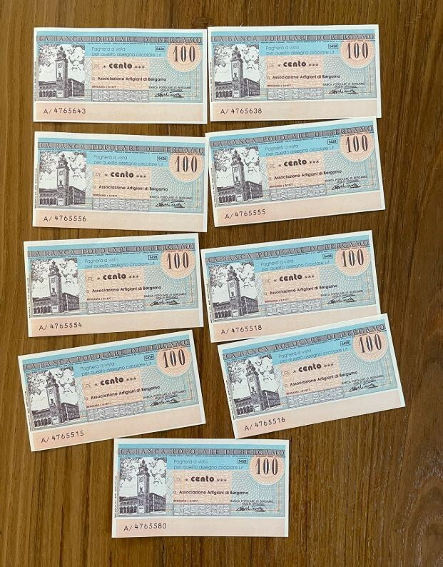 NL* ITALIA LOTTO 9 MINIASSEGNI POPOLARE DI BERGAMO FIOR DI STAMPA consecutivi