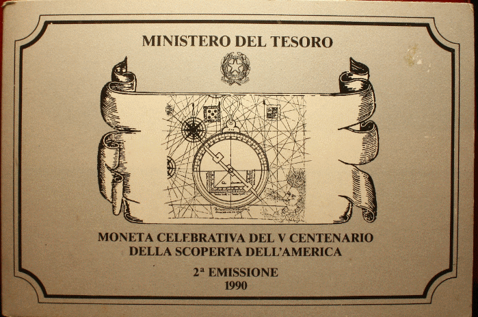 NL*ITALIA 500 Lire Argento 1990 SCOPERTA AMERICA 2^ EMIS FDC SET Originale zecca