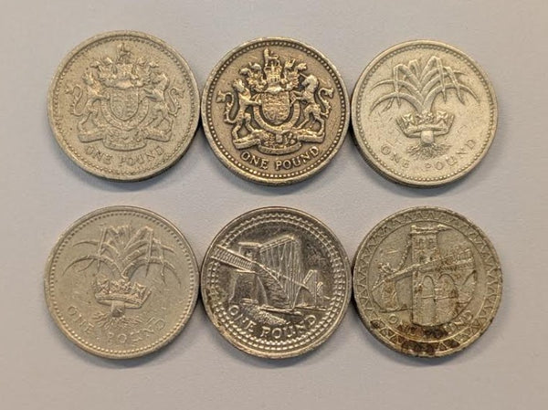 NL* REGNO UNITO Lotto 6 pezzi 1 POUND/ STERLINA 1983-1985-1990-2004-2005 foto