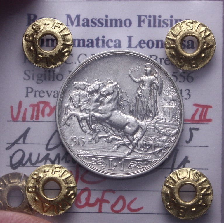 NL* VEIII Italia 1 LIRA ARGENTO 1915 QUADRIOGA BRIOSA NC QFDC Perizia Filisina
