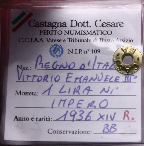 NL* VEIII ITALIA 1 LIRA IMPERO 1936 XIV RARA BB Perizia Castagna Cesare