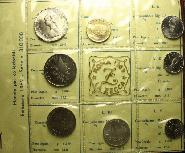 NL* ITALIA Divisionale 1969 CON 500 Lire ARGENTO CARAVELLE FDC SET Zecca