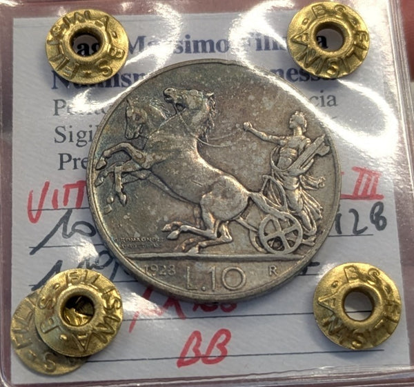 NL* VEIII 10 LIRE Argento BIGA 1928 1 rosetta RARO BB Perizia Filisina *2