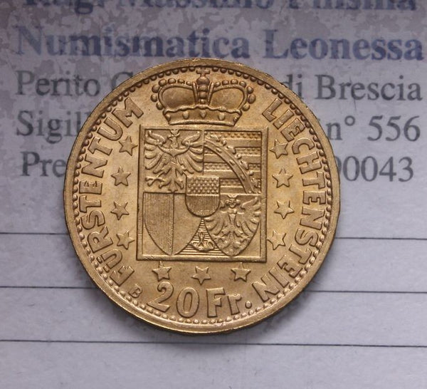 NL* LIECHTENSTEIN FRANZ JOSEPH I 20 FRANKEN Oro Gold 1946 superba conservaz. UNC