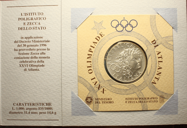 NL* ITALIA REPUBBLICA 1000 Lire Argento 1996 OLIMPIADI di ATLANTA FDC set zecca