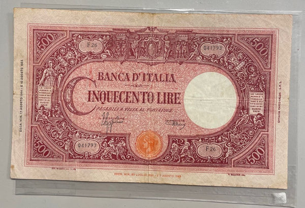 NL* BANCA D'ITALIA Banconota 500 LIRE BARBETTI C GRANDE 01 08 1944 F26