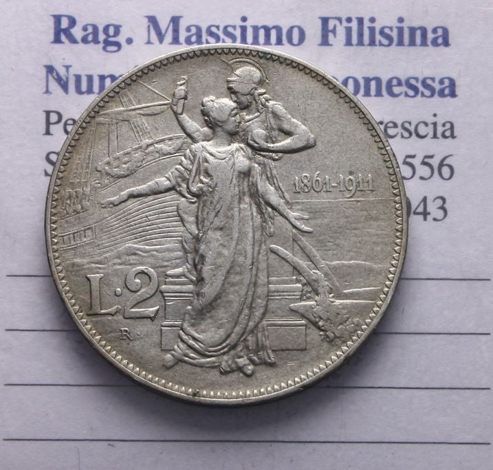 NL* VEIII RE D'ITALIA 2 Lire ARGENTO 1911 CINQUANTENARIO eccellente conservaz *
