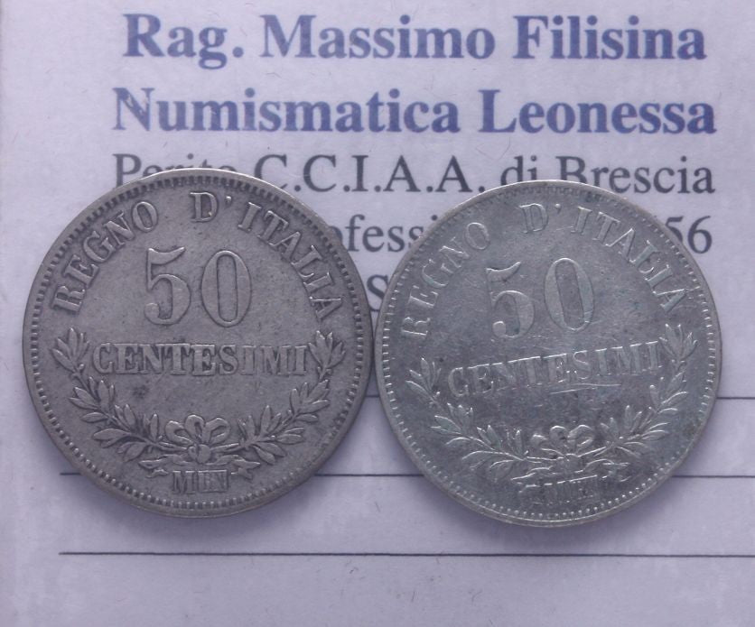 NL* VEII lotto 2 pezzi da 50 CENTESIMI ARGENTO VALORE 1863 Zecca di Milano ottim