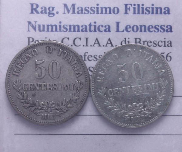 NL* VEII lotto 2 pezzi da 50 CENTESIMI ARGENTO VALORE 1863 Zecca di Milano ottim