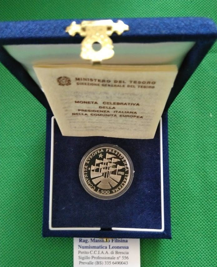 NL* ITALIA 500 Lire Argento 1985 PRESIDENZA CEE PROOF FS SET Originale Zecca