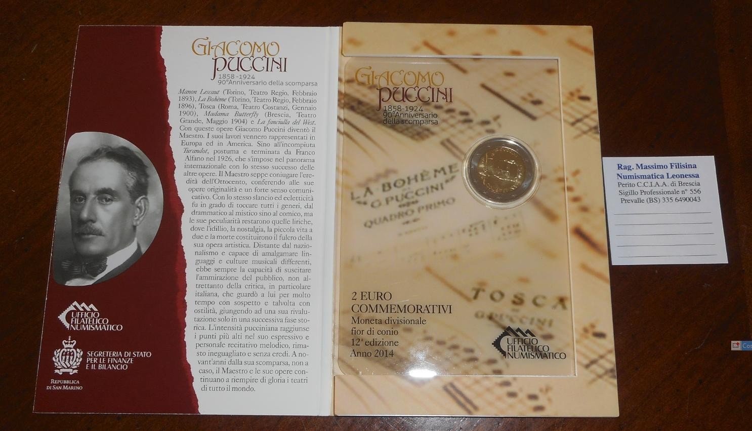 NL* SAN MARINO 2 EURO 2014 GIACOMO PUCCINI FDC set zecca