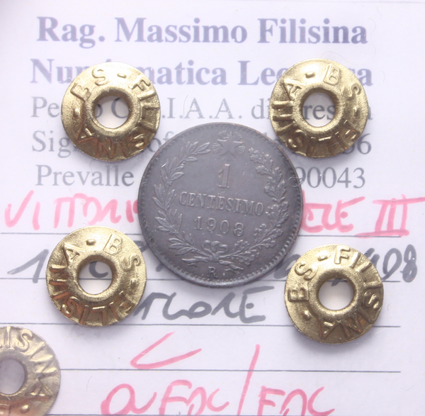 NL* VEIII Italia 1 CENTESIMO RAME VALORE 1908 QFDC/FDC Perizia Filisina Massimo