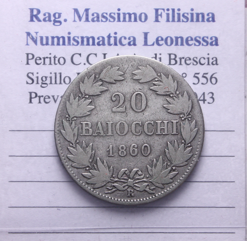 NL* STATO PONTIFICIO PAPA PIO IX 20 BAIOCCHI Argento 1860 XV ottima conservaz.