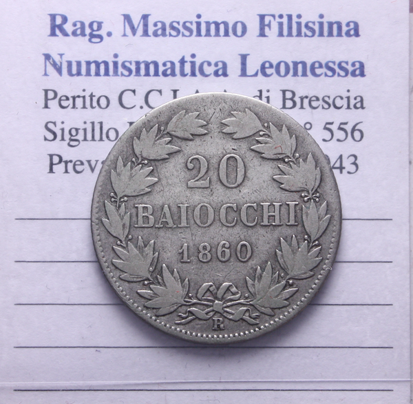 NL* STATO PONTIFICIO PAPA PIO IX 20 BAIOCCHI Argento 1860 XV ottima conservaz.