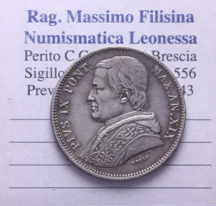 NL* STATO PONTIFICIO PAPA PIO IX 20 BAIOCCHI Argento 1865 XIX ottima conservaz.