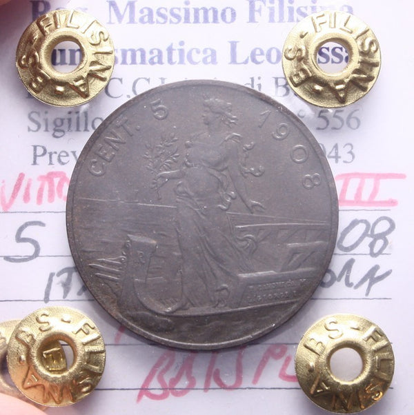 NL*VEIII Italia 5 CENTESIMI ITALIA SU PRORA 1908 RARA BB/SPL Perizia Filisina