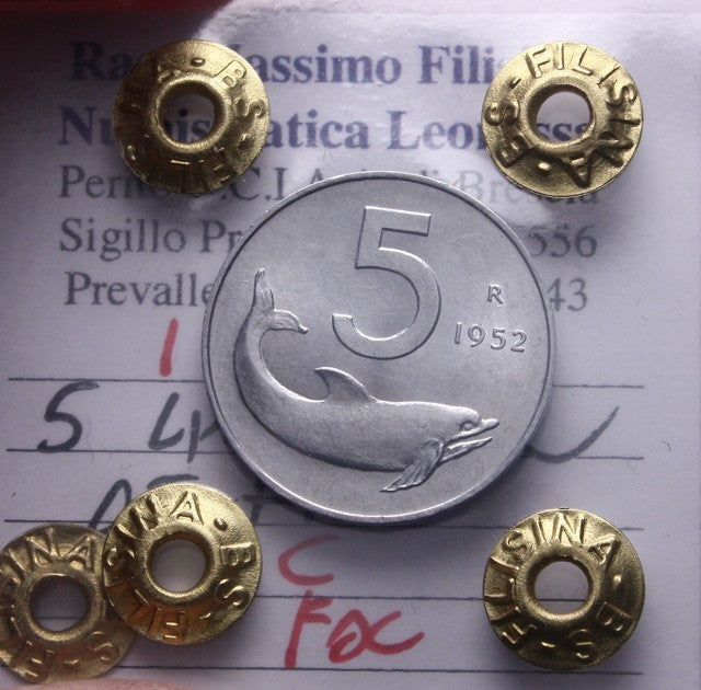 NL* Italia Repubblica 5 LIRE DELFINO 1952 FDC Perizia Filisina Massimo