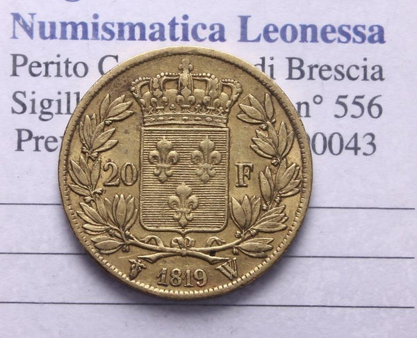 NL* FRANCIA RE LUIGI XVIII MARENGO 20 FRANCHI ORO GOLD 1819 W Zecca di LILLE