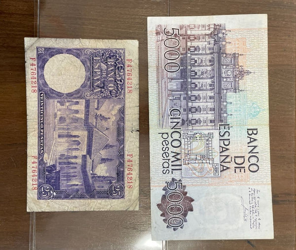NL* SPAGNA LOTTO 2 BANCONOTE 25 PESETAS 1954 e 5000 Pesetas 23 ottobre 1979