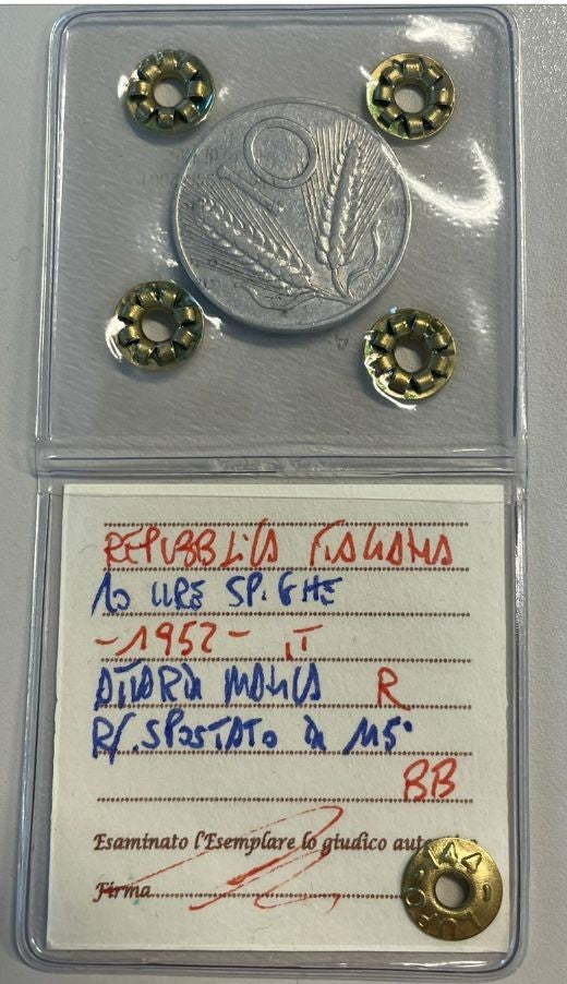 NL* ITALIA 10 LIRE SPIGHE 1952 ASSE SPOSTATO di 115 GRADI BB Perizia LUPO R.