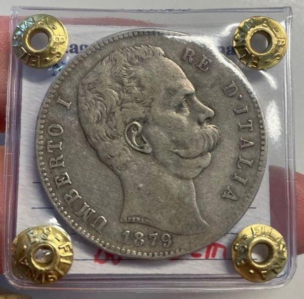 NL* UMBERTO I RE D'ITALIA Scudo 5 LIRE ARGENTO 1879 ROMA BB C Perizia Filisina