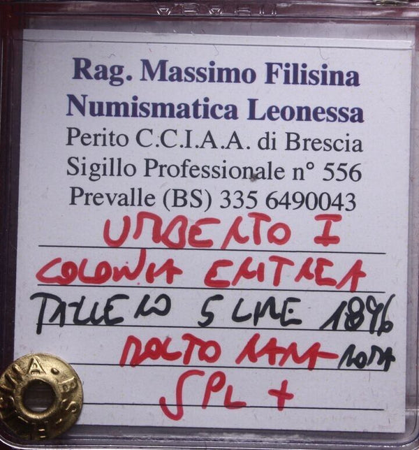 NL*UMBERTO I COLONIA ERITREA Tallero 5 LIRE ARGENTO 1896 RRSPL + Filisina M.