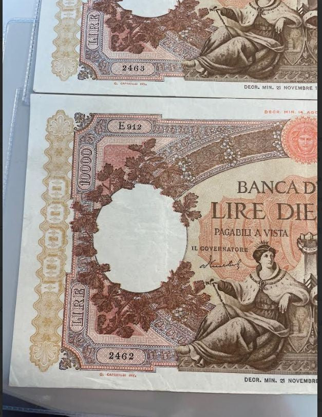 NL*ITALIA 2 Banconote 10000 Lire REP. MARINARE 21 11 1955 SERIALI CONSECUTIVI RR