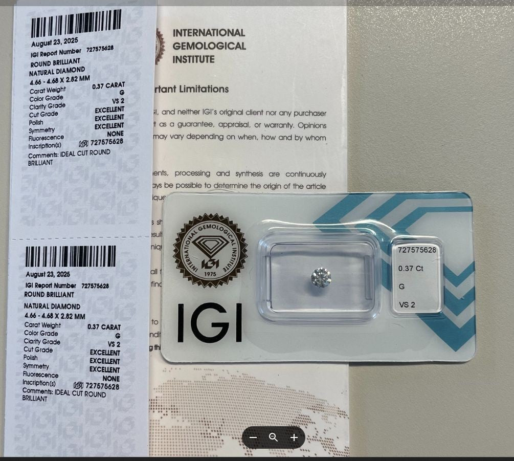 NL* DIAMANTE NATURALE Certificato IGI 0.37 CARATI Colore G VVS 2 Tripla EXC