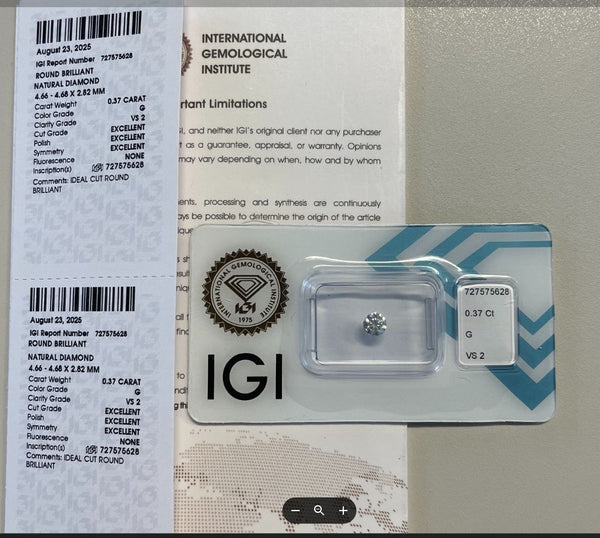 NL* DIAMANTE NATURALE Certificato IGI 0.37 CARATI Colore G VVS 2 Tripla EXC