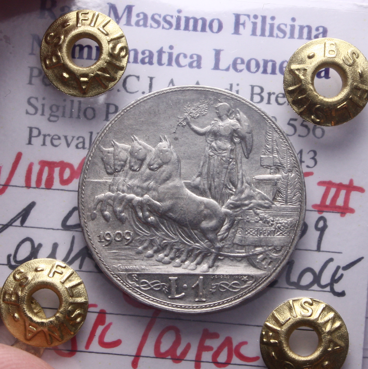 NL* VEIII 1 LIRA ARGENTO 1909 QUADRIGA VELOCE SPL/QFDC Perizia Filisina Massimo