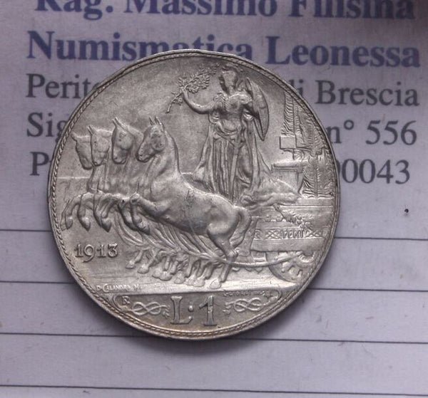 NL* Italy VEIII 1 SILVER LIRA 1913 QUADRIGA VELOCE Superb with luster