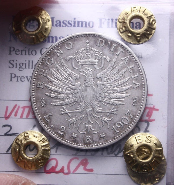 NL* VEIII 2 LIRE ARGENTO AQUILA SABAUDA 1907 QSPL  Perizia Filisina Massimo