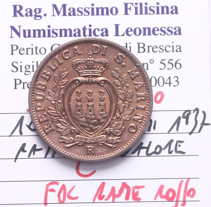 NL* SAN MARINO 10 CENTESIMI RAME 1937 FDC RAME ROSSO Perizia Filisina Massimo