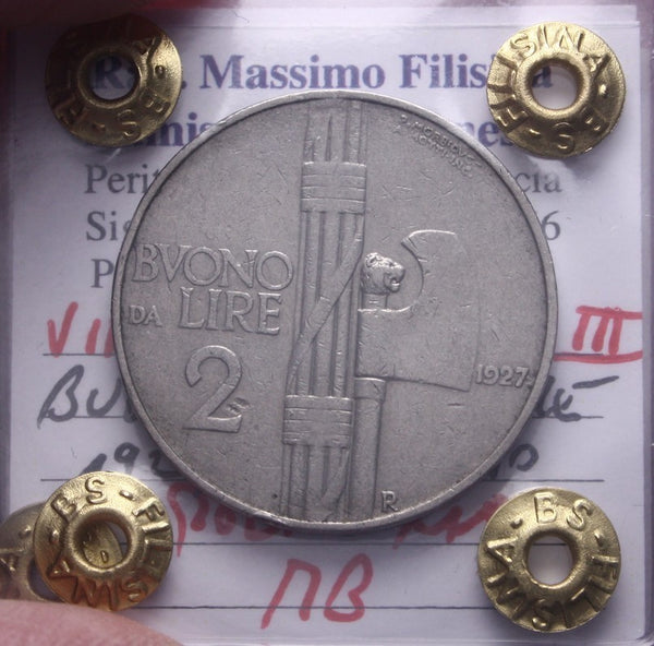 NL* VEIII BUONO DA 2 LIRE FASCIO 1927 MOLTO RARO R2 MB Perizia Filisina Massimo