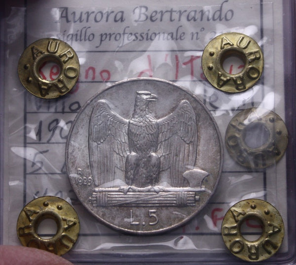 NL* VEIII Italia 5 LIRE ARGENTO AQUILOTTO 1929 * 1 rosetta QFDC Perizia Aurora