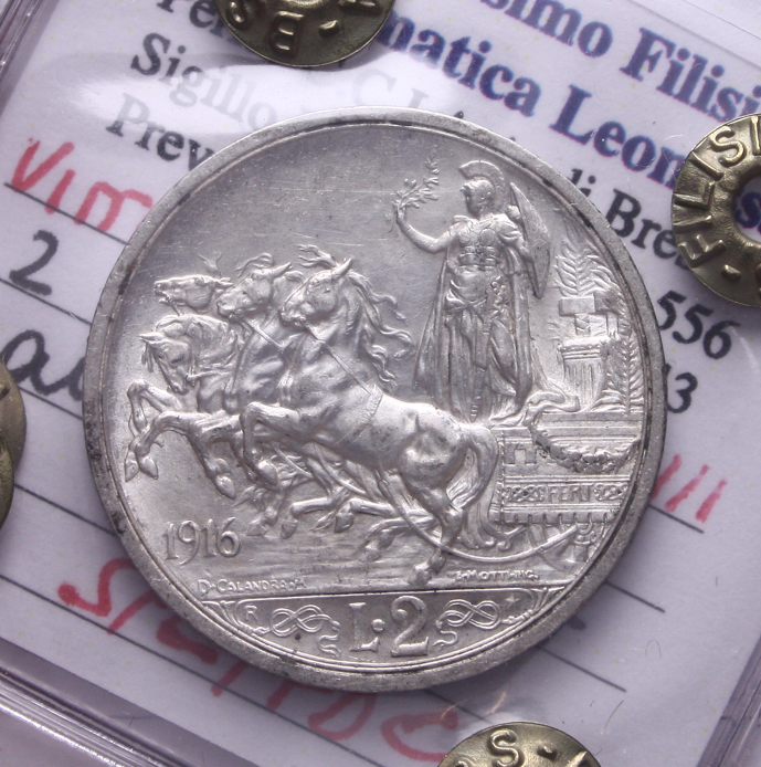 NL* VEIII Italia 2 LIRE ARGENTO 1916 QUADRIGA BRIOSA SPL/FDC Perizia Filisina