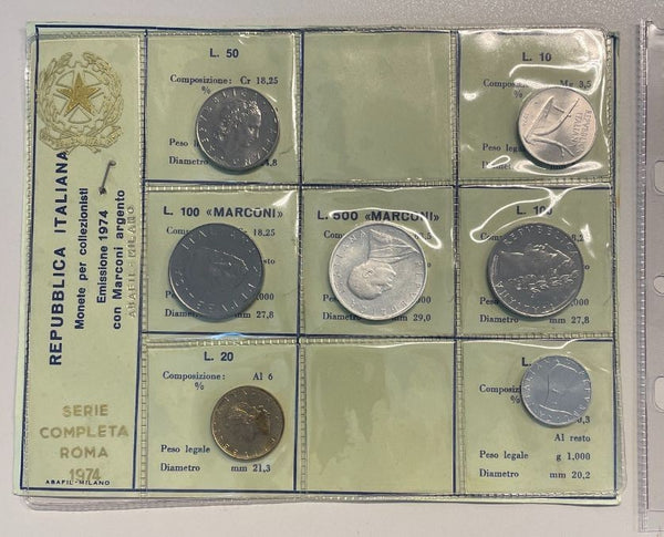 NL* ITALIA Divisionale 1974 G. MARCONI7 VALORI con 500 LIRE Argento FDC