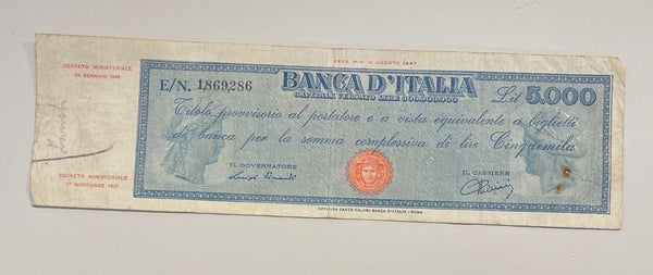NL* BANCA D'ITALIA Banconota 5000 Lire TITOLO PROVVISORIO 14 Agosto 1947 - 286