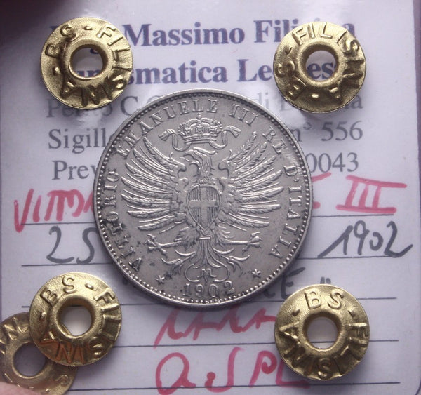 NL* VEIII ITALIA 25 CENTESIMI VALORE 1902 RARA QSPL Perizia Filisina Massimo