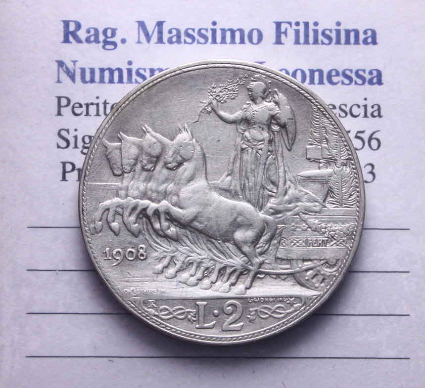 NL* VEIII Italia 2 LIRE ARGENTO 1908 QUADRIGA VELOCE come da foto