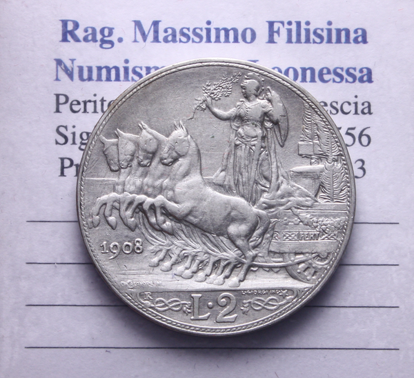 NL* VEIII Italia 2 LIRE ARGENTO 1908 QUADRIGA VELOCE come da foto